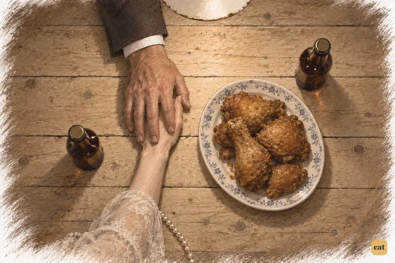 Tom's heavy hand covers Daisy's beside cold fried chicken and two capped bottles of ale