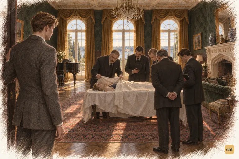 Nick steps back into the drawing-room, where officials he doesn't know stand around Gatsby's bier.
