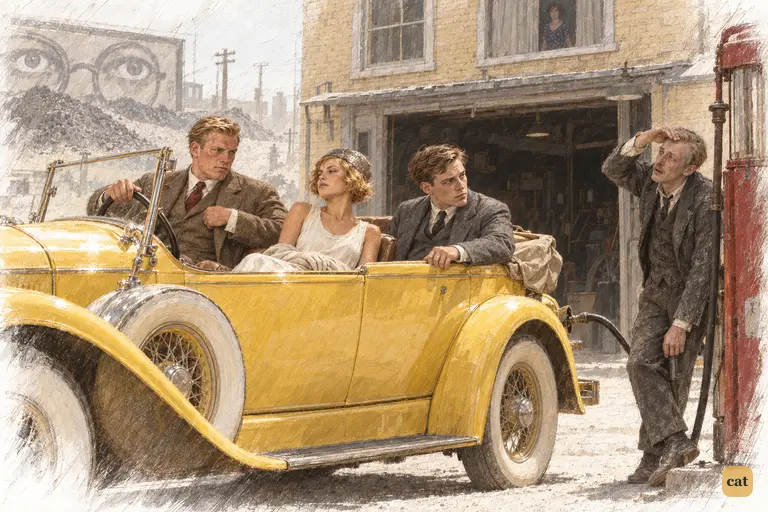 At Wilson's garage, Nick looks from the grey, hunched Wilson to Tom, flushed at the wheel