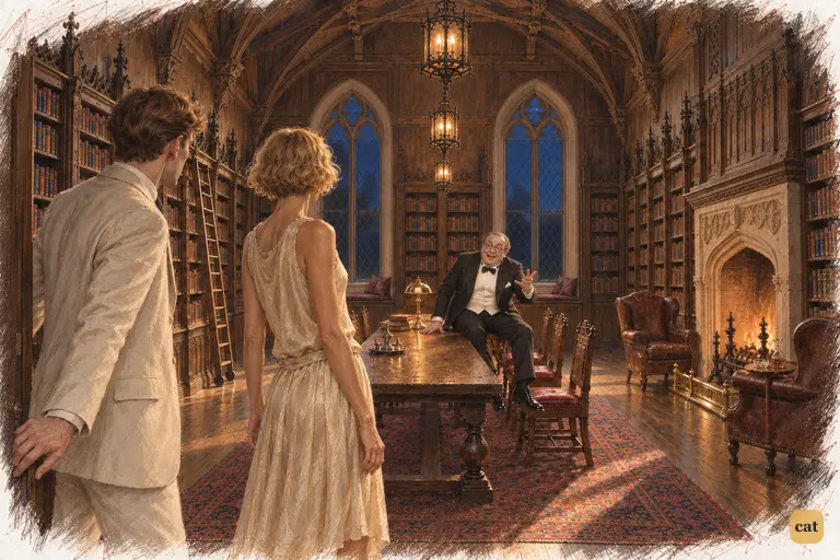 Nick and Jordan leave the noisy party and step into a hushed, lantern-lit Gothic library.