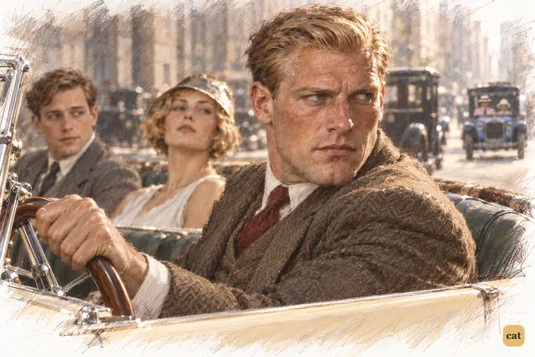 At the wheel of the yellow car, Tom twists round to look for the blue coupé behind him