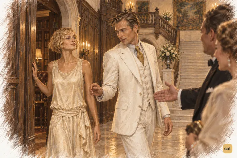 Late at night, Gatsby and Jordan Baker come out of the Gothic library sharing a secret