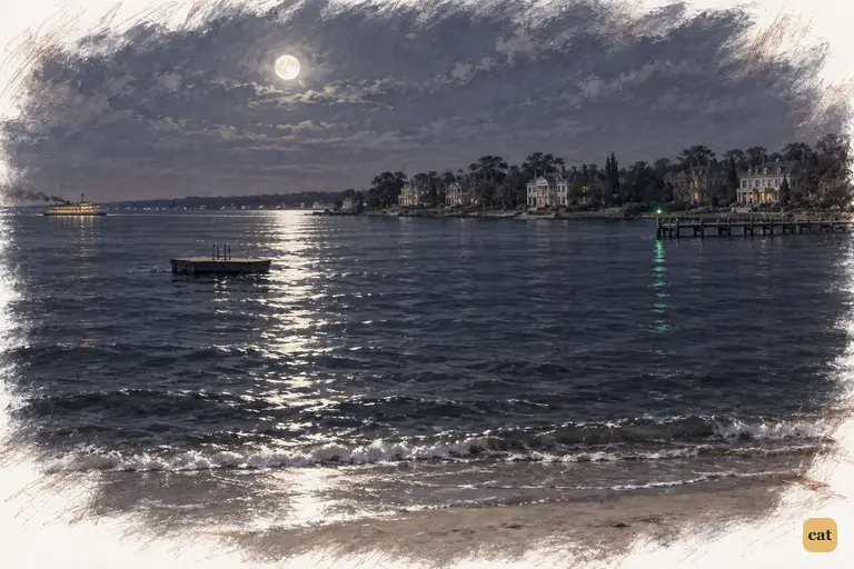 Gatsby's beach at night is empty.
