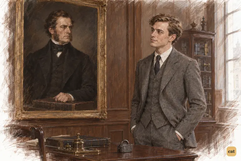 Young Nick Carraway stands beside his great-uncle's portrait in his father's office