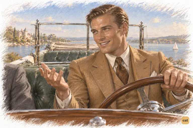 At the wheel, Gatsby says Little Montenegro! with a full, warm smile over an open palm