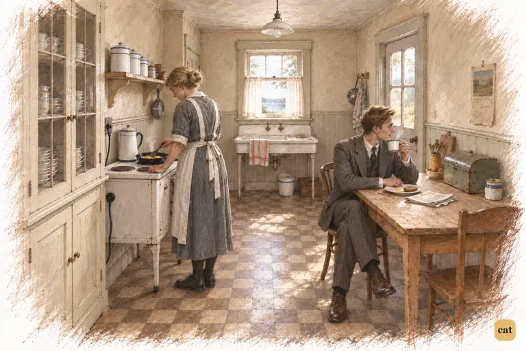 A pale early-summer morning in the narrow kitchen of Nick's cheap rented bungalow.
