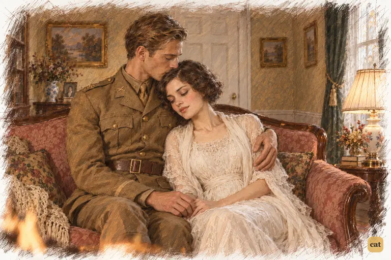 Before going abroad, the young officer holds Daisy by the fire and kisses her hair