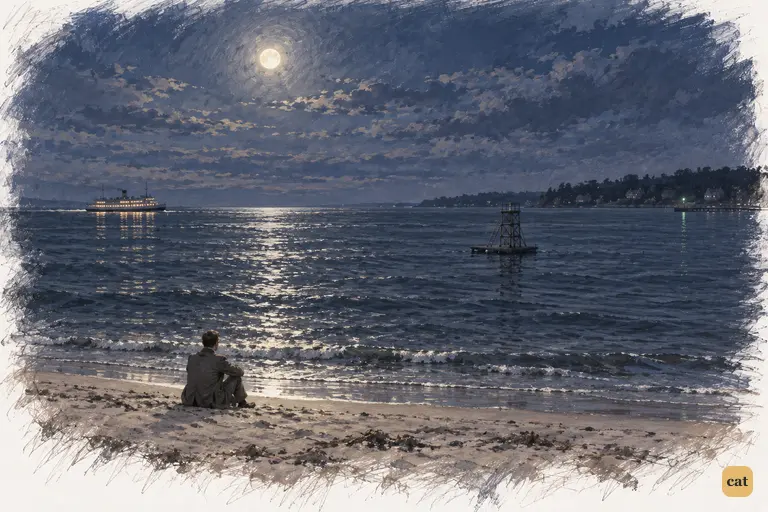 A lone man sits on a moonlit beach, looking toward the tiny green light across the Sound