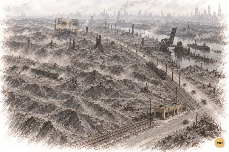 A high view of the grey valley of ashes, where the road runs beside the railroad