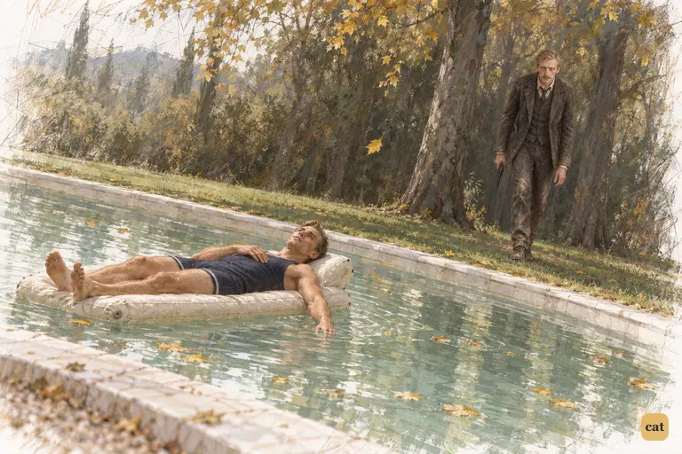 Gatsby lies adrift on his mattress in the marble pool under a raw autumn sky.