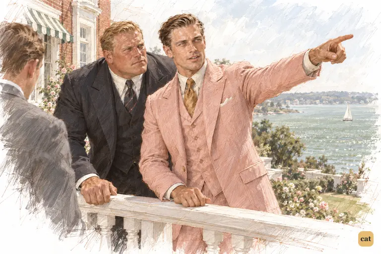 On the Buchanans' veranda, Gatsby points across the bay to his house as Tom watches