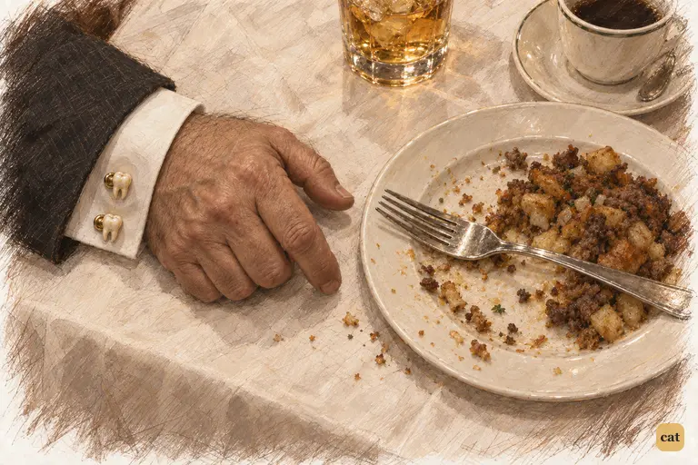 Wolfshiem's wrist lies on the white tablecloth next to a half-eaten plate of hash.