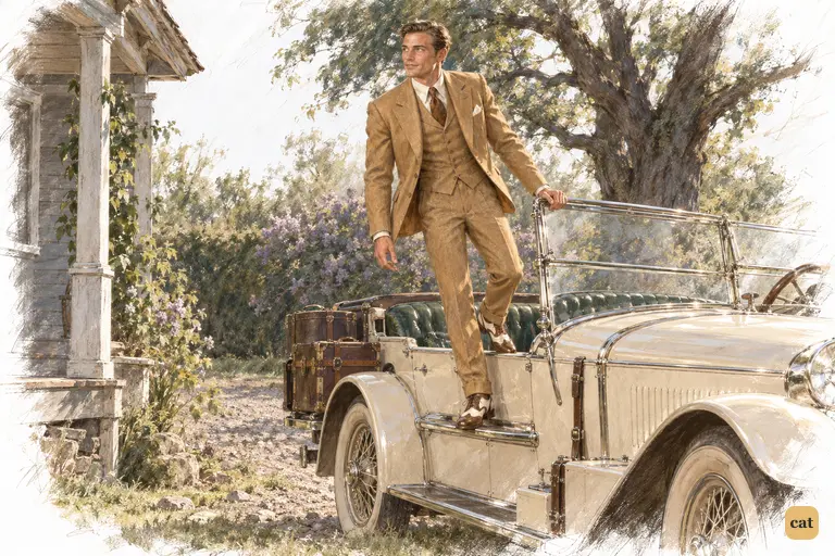 On a late-July morning Gatsby balances on the dashboard of his long cream car in Nick's rocky drive.