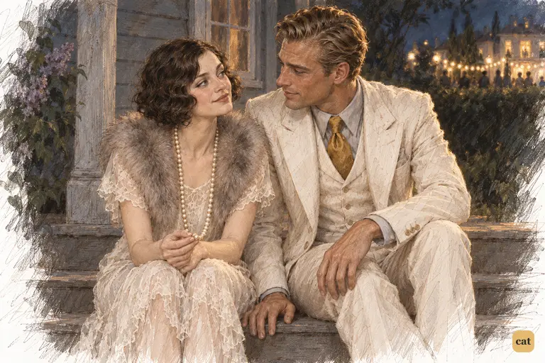 Daisy and Gatsby slip away from the party to sit close on Nick's steps for half an hour