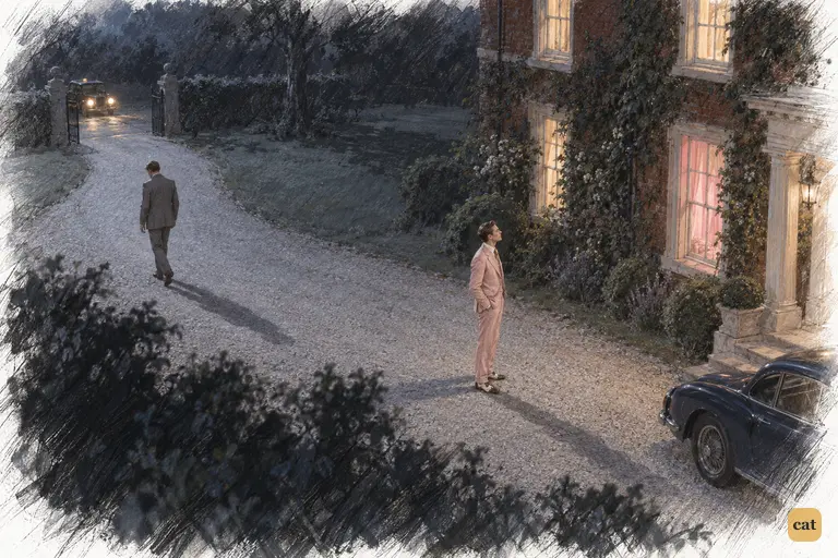 Nick walks down the moonlit drive toward the waiting taxi.