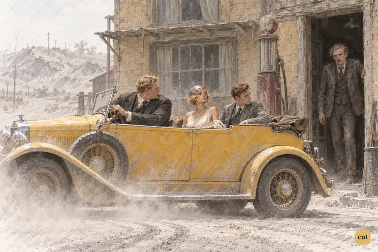 The yellow car skids to a stop in the dust under Wilson's sign.