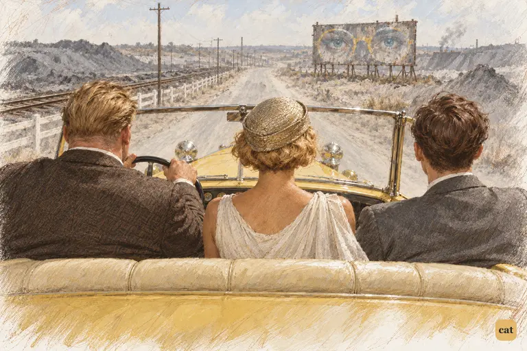 Three people ride in the front seat of Gatsby's yellow car in hot, irritable silence.