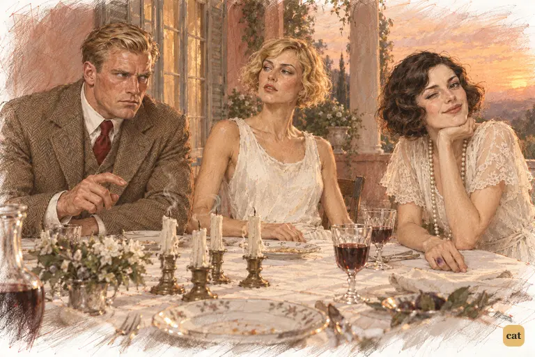 At dinner on the rosy porch, Tom counts the Nordics at the table and nods at his wife