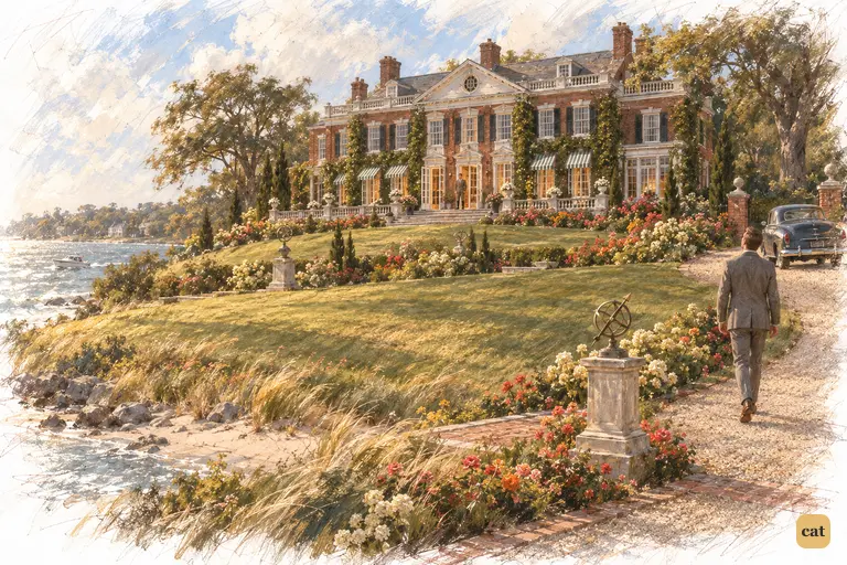 On a warm, windy evening, Nick walks up the drive to the Buchanans' Georgian mansion