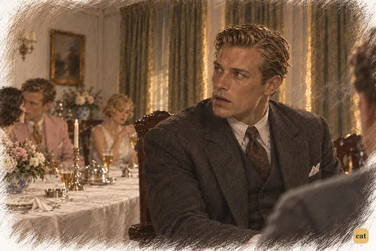 At the darkened luncheon table, Tom Buchanan catches one unguarded look between his wife and Gatsby.