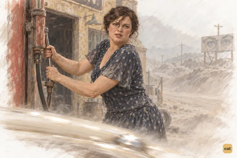 From Gatsby's speeding car, Nick glimpses Mrs. Wilson straining at the garage pump