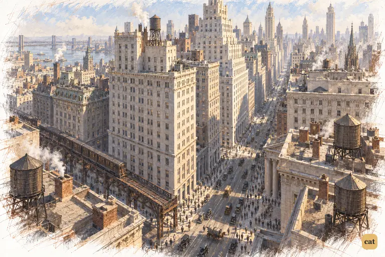 At summer dawn, tiny clerks hurry through the white stone canyons of lower Manhattan
