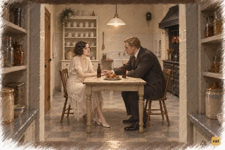 Nick looks under the blind of the pantry window and sees Tom and Daisy at their kitchen table.