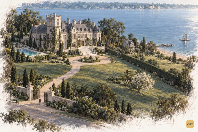 A wide view of Gatsby's huge mansion on a summer morning, Nick's bungalow beside it