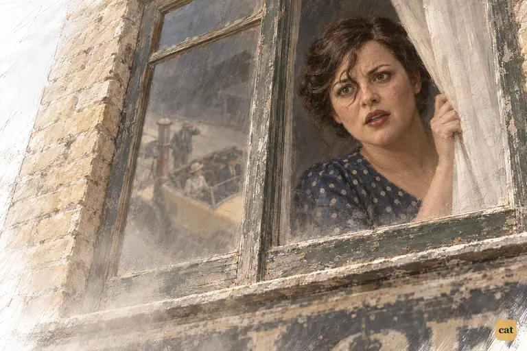 Myrtle Wilson moves the upstairs curtain aside and stares down at the yellow car