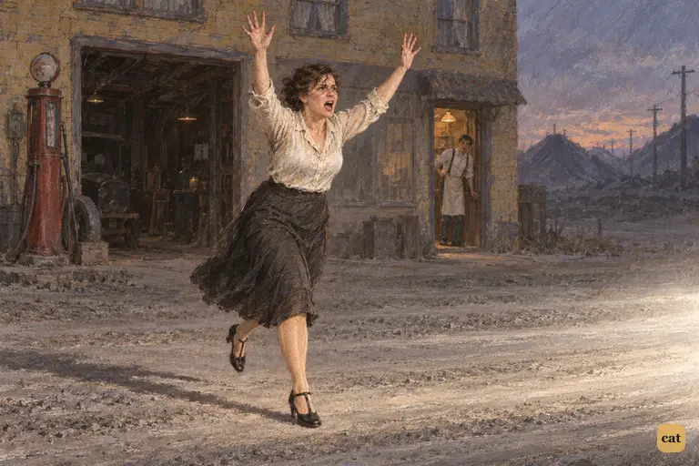 At dusk, Myrtle Wilson bursts into the road, arms up, shouting at oncoming headlights