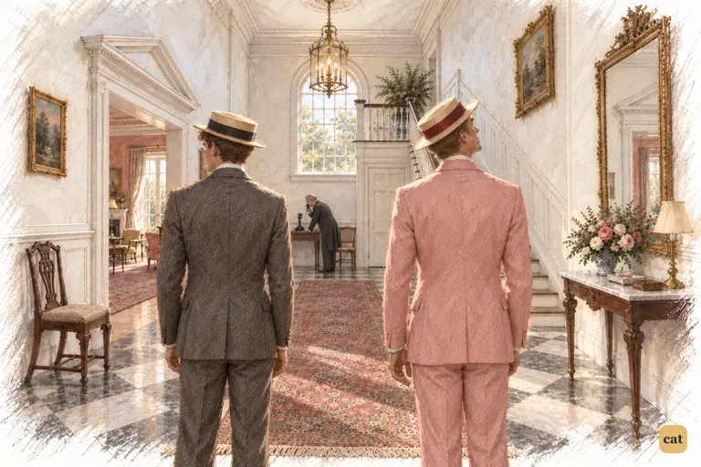 Gatsby and Nick, in straw hats, wait on the threshold of the Buchanans' cool white hall