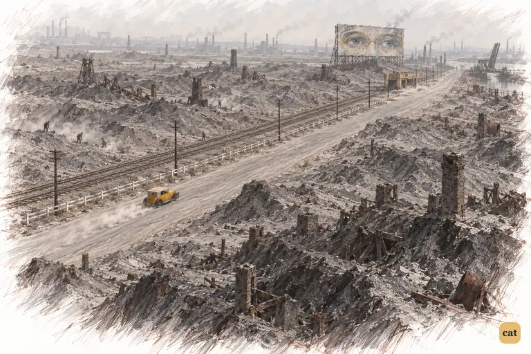 At midday the valley of ashes lies grey under a white glare.