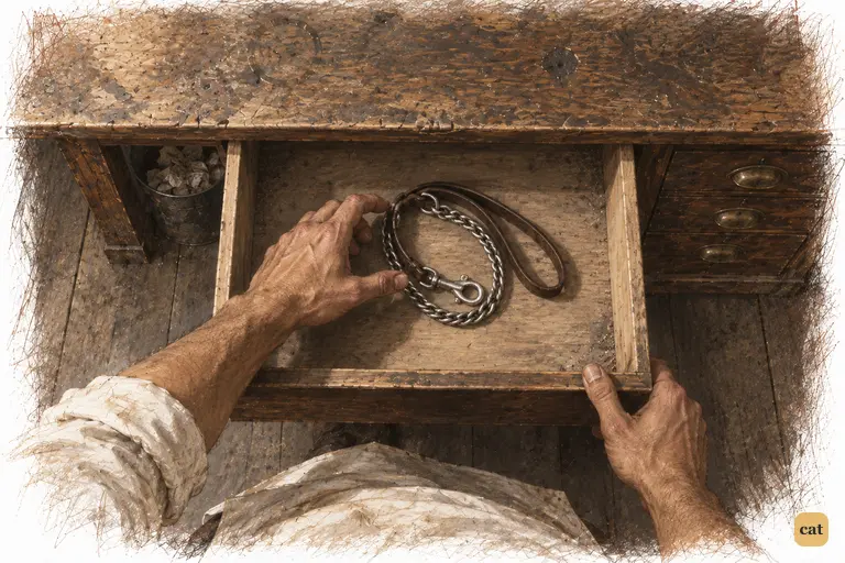 Michaelis's hand stops above a new silver dog-leash, the only thing in the drawer