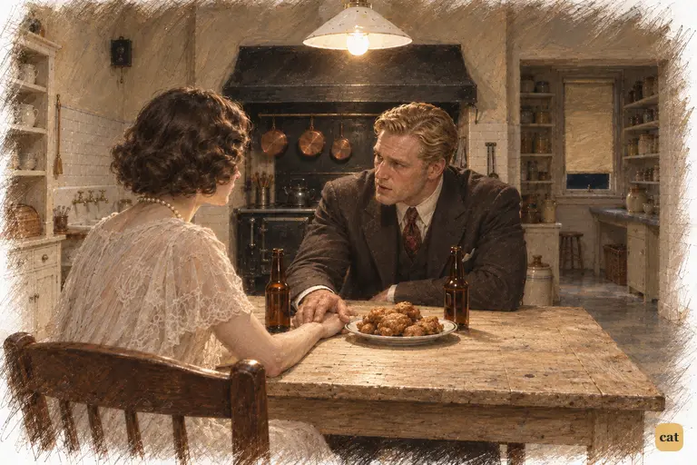 Late at night, Tom covers Daisy's hand over the untouched supper while she nods quietly