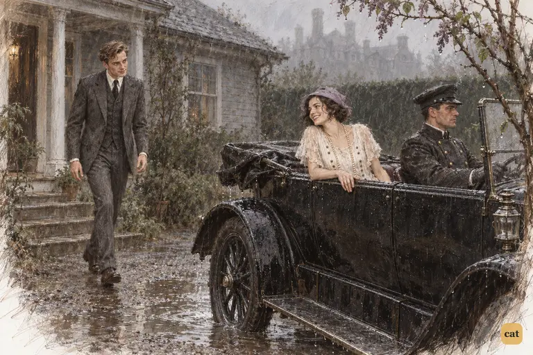 Daisy leans out of an open car under dripping lilacs, smiling at Nick in the rain