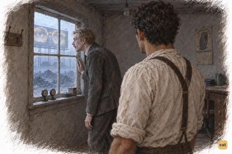 At dawn, Wilson presses his face to the window, staring at the pale eyes of Eckleburg