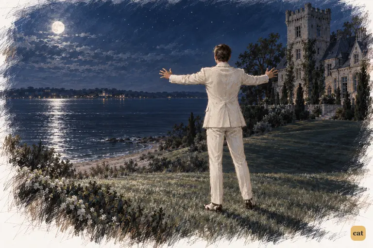 Alone on his moonlit lawn, Gatsby stretches both arms out toward the dark bay, trembling.