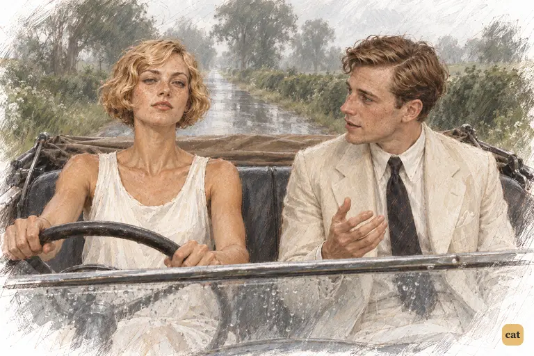 Jordan drives the open car on a wet road and calmly tells Nick she likes him
