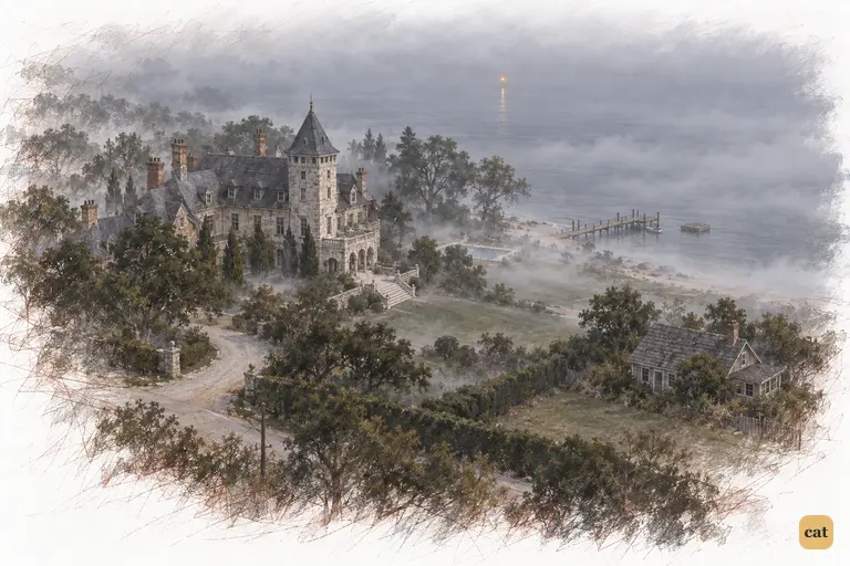 Before dawn, Gatsby's dark mansion and Nick's bungalow sink into fog above the Sound