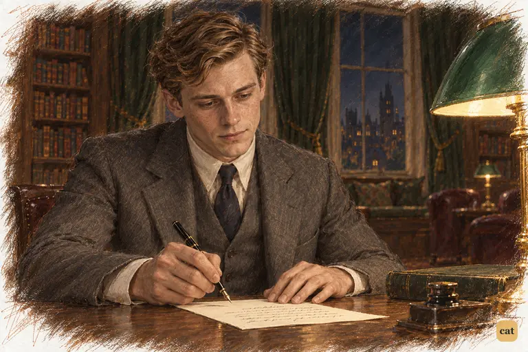 Alone in the club library at night, Nick holds his pen just above the end of his weekly letter home.