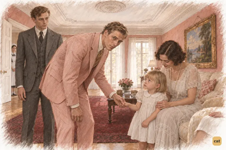 In the dim, rosy salon, Gatsby bends to shake the hand of Daisy's small daughter.