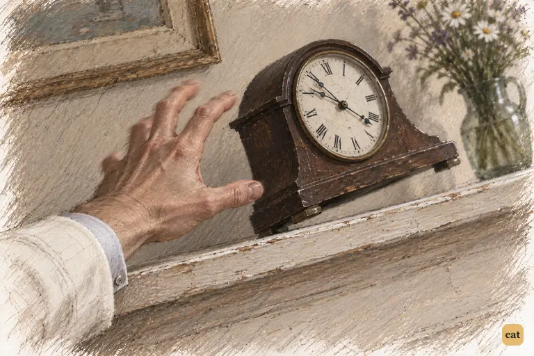 The stopped mantel clock tips over the edge of the shelf.