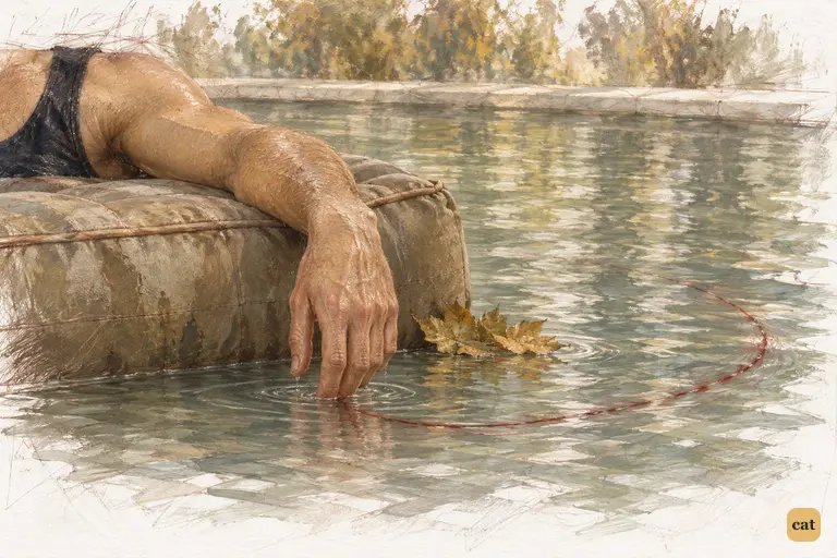 A limp hand hangs from the air mattress as a thin red thread curves across the water