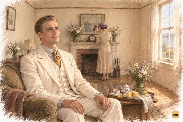 After the rain, Gatsby sits quite still at the end of Nick's small sofa.