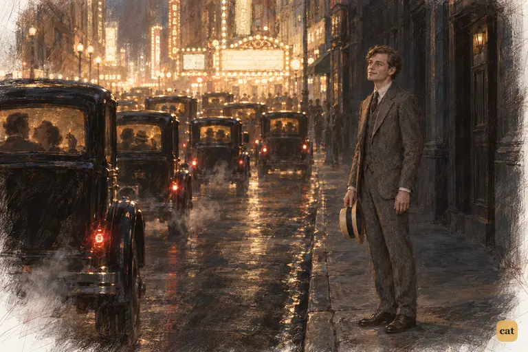 Nick stands alone on a dark street in the Forties as taxis of laughing couples roll by