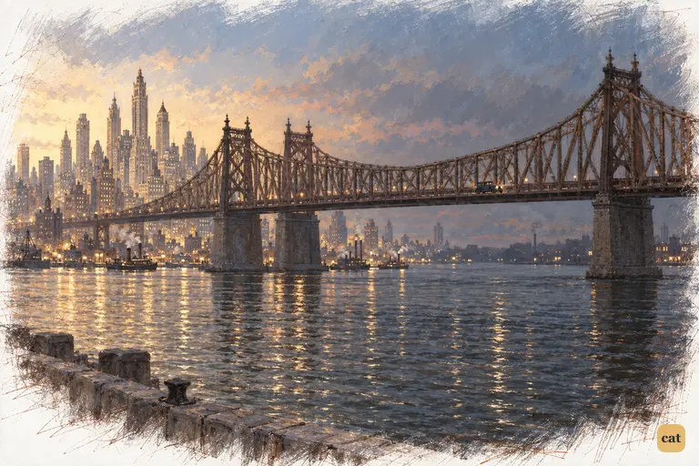 In the cooling twilight, one small coupé crosses the huge dark span of the Queensboro Bridge.