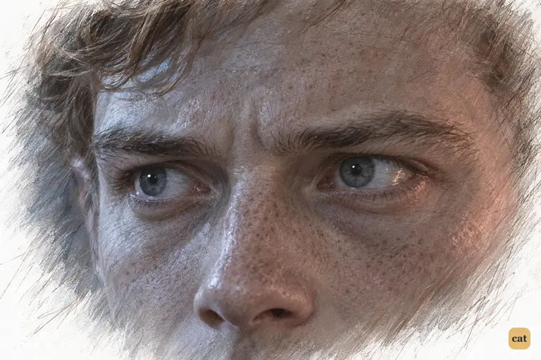 An extreme close-up of Nick's grey eyes in cold moonlight.