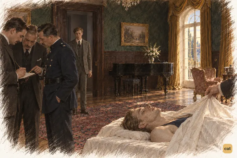 Officials pull the sheet from Gatsby's still face as Nick stands frozen in the doorway