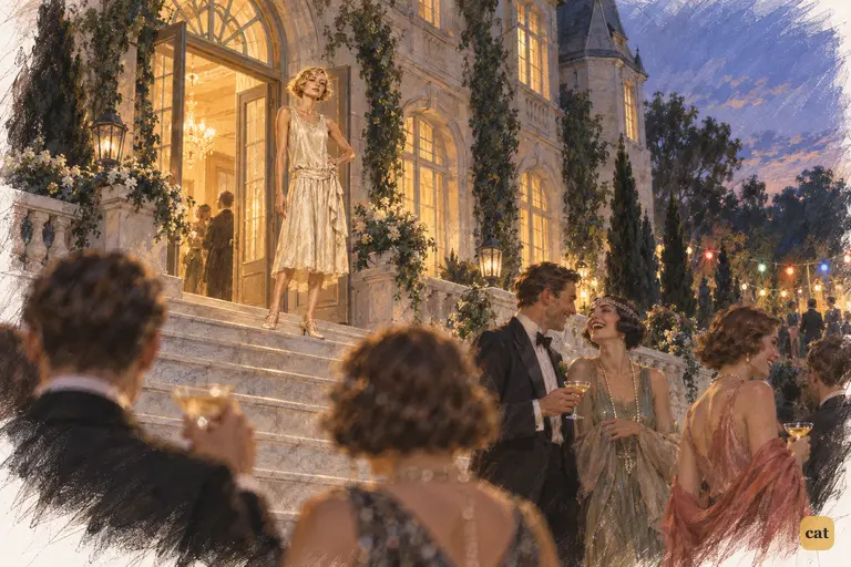 Nick spots a familiar face above the crowd at Gatsby's first party.
