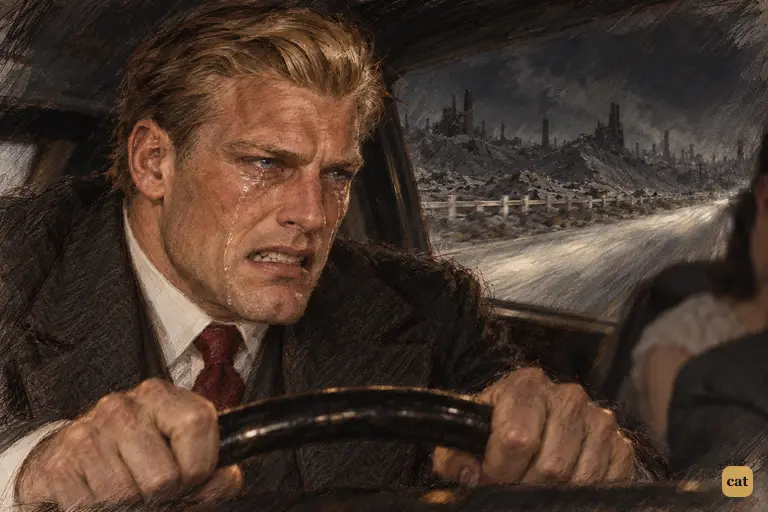 Driving away from the garage at night, Tom Buchanan breaks down at the wheel of the coupé.